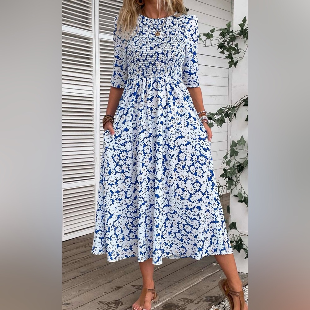 Blue Smocked Ditsy Floral Print Half Sleeve Dress
